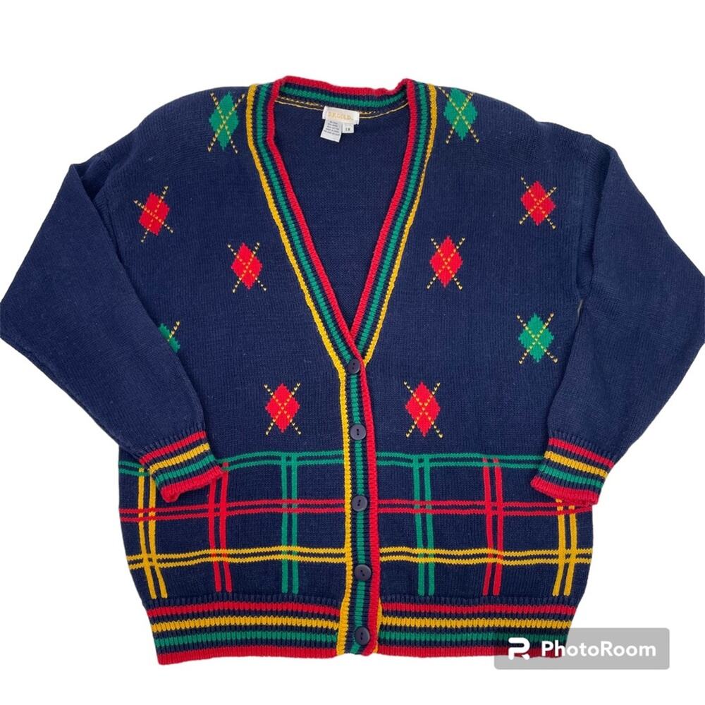 DK Gold Vintage Sweater Cardigan Primary Colors 1X 90s Argyle Preppy Grandpa